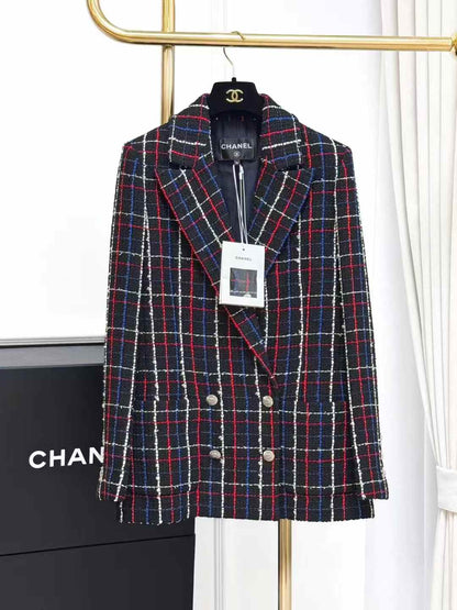 Chanel 24S Black Tweed Jacket with Red, White and Blue Check Collar