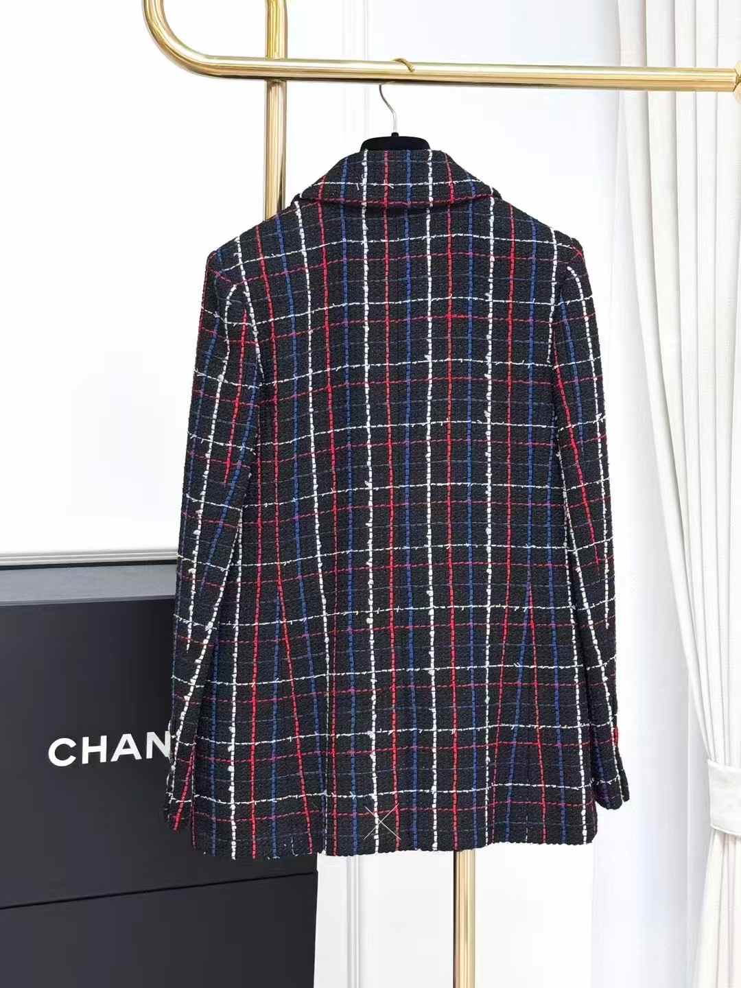Chanel 24S Black Tweed Jacket with Red, White and Blue Check Collar
