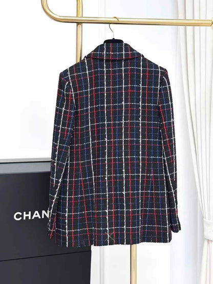 Chanel 24S Black Tweed Jacket with Red, White and Blue Check Collar