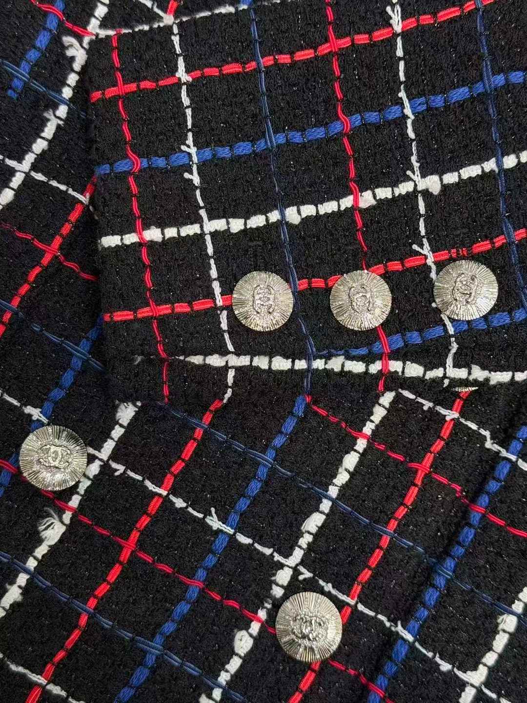 Chanel 24S Black Tweed Jacket with Red, White and Blue Check Collar