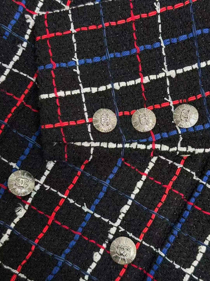 Chanel 24S Black Tweed Jacket with Red, White and Blue Check Collar