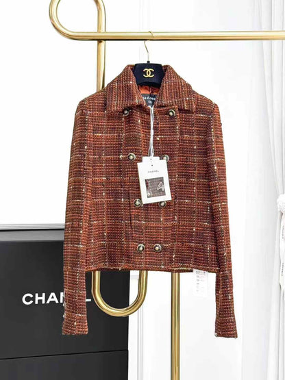 Chanel 24A Coffee-Coloured Check Double-Breasted Knitted Jacket