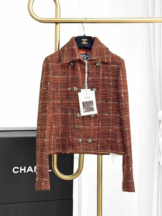 Chanel 24A Coffee-Coloured Check Double-Breasted Knitted Jacket