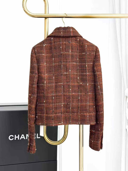 Chanel 24A Coffee-Coloured Check Double-Breasted Knitted Jacket