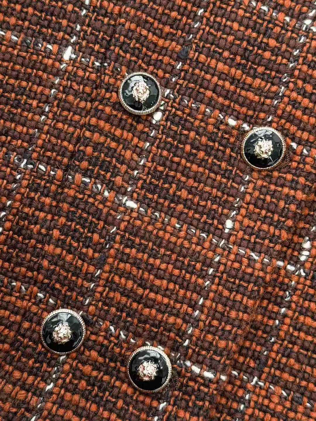 Chanel 24A Coffee-Coloured Check Double-Breasted Knitted Jacket
