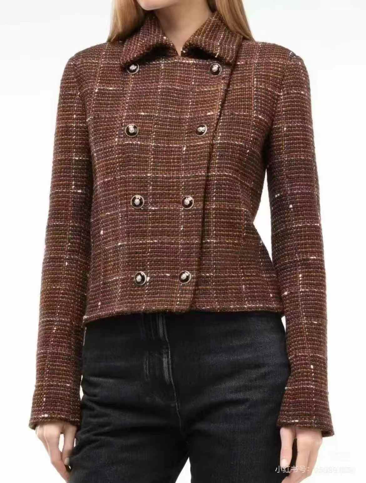 Chanel 24A Coffee-Coloured Check Double-Breasted Knitted Jacket