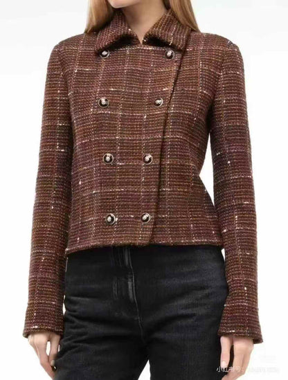 Chanel 24A Coffee-Coloured Check Double-Breasted Knitted Jacket