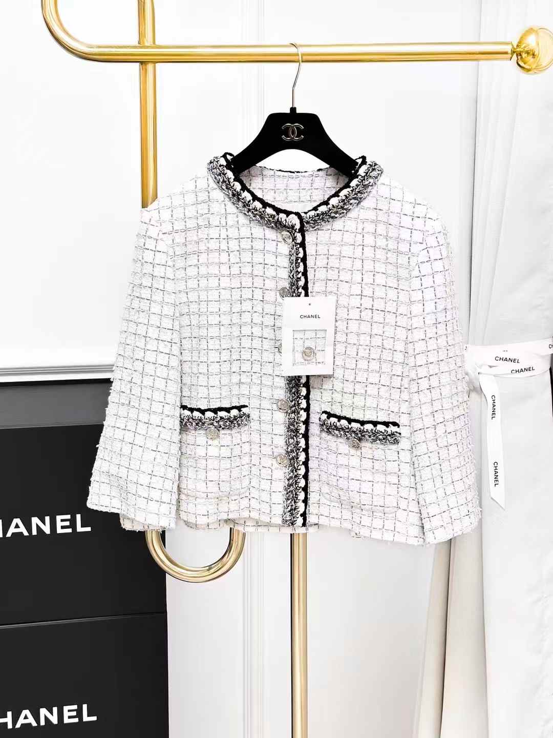 Chanel 25S Collection Black and White Checked Jacket with Silver Piping