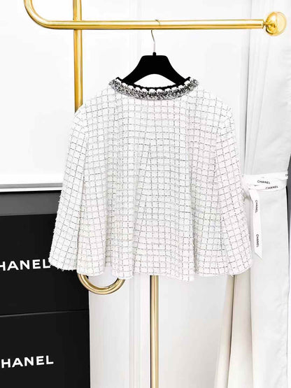 Chanel 25S Collection Black and White Checked Jacket with Silver Piping