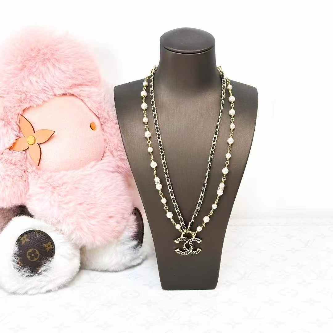 Chanel 24K Gold-Plated Leather Chain with Pearl Accents Double-Layer Necklace