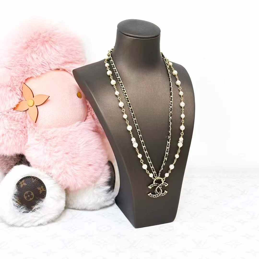 Chanel 24K Gold-Plated Leather Chain with Pearl Accents Double-Layer Necklace
