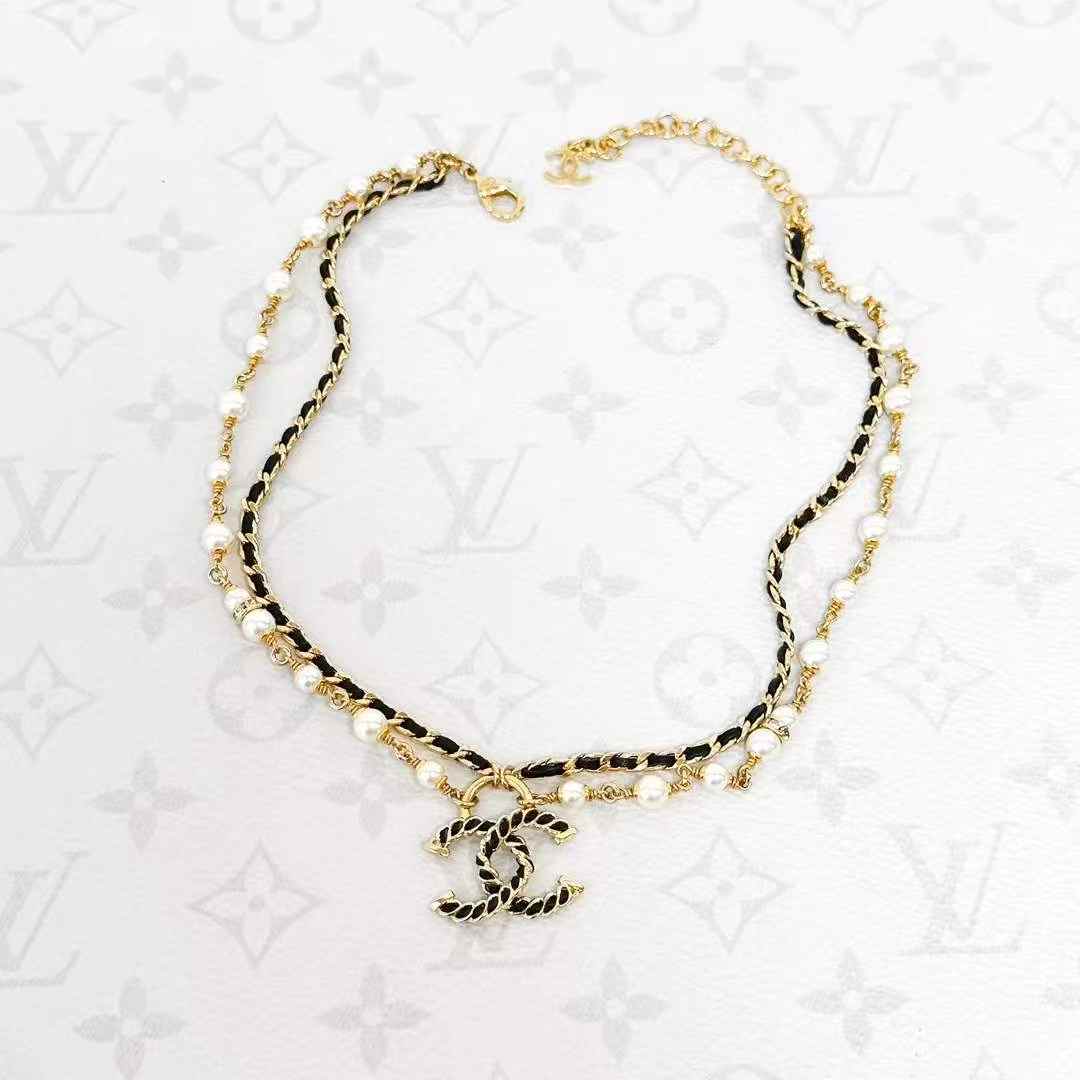 Chanel 24K Gold-Plated Leather Chain with Pearl Accents Double-Layer Necklace