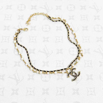 Chanel 24K Gold-Plated Leather Chain with Pearl Accents Double-Layer Necklace