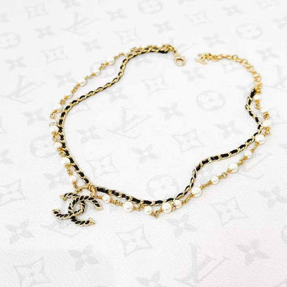 Chanel 24K Gold-Plated Leather Chain with Pearl Accents Double-Layer Necklace