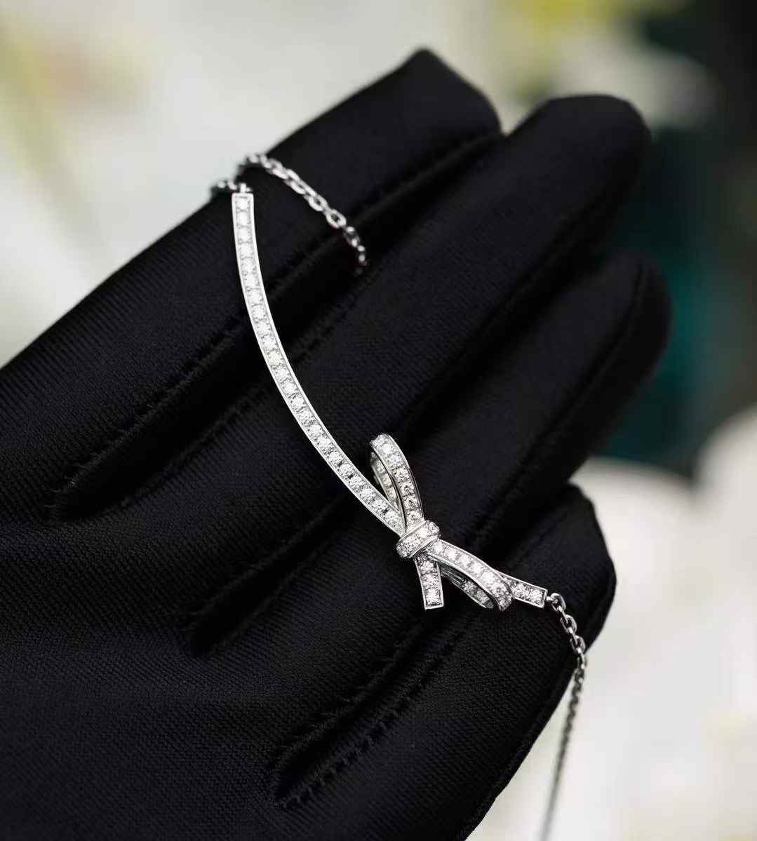 Chanel Ruban Collection White Gold Diamond-Studded Bow Necklace