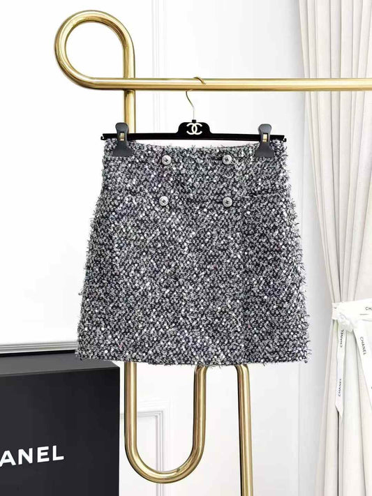 Chanel 21B Grey Floral Sequinned Fringe Skirt, Mini Skirt