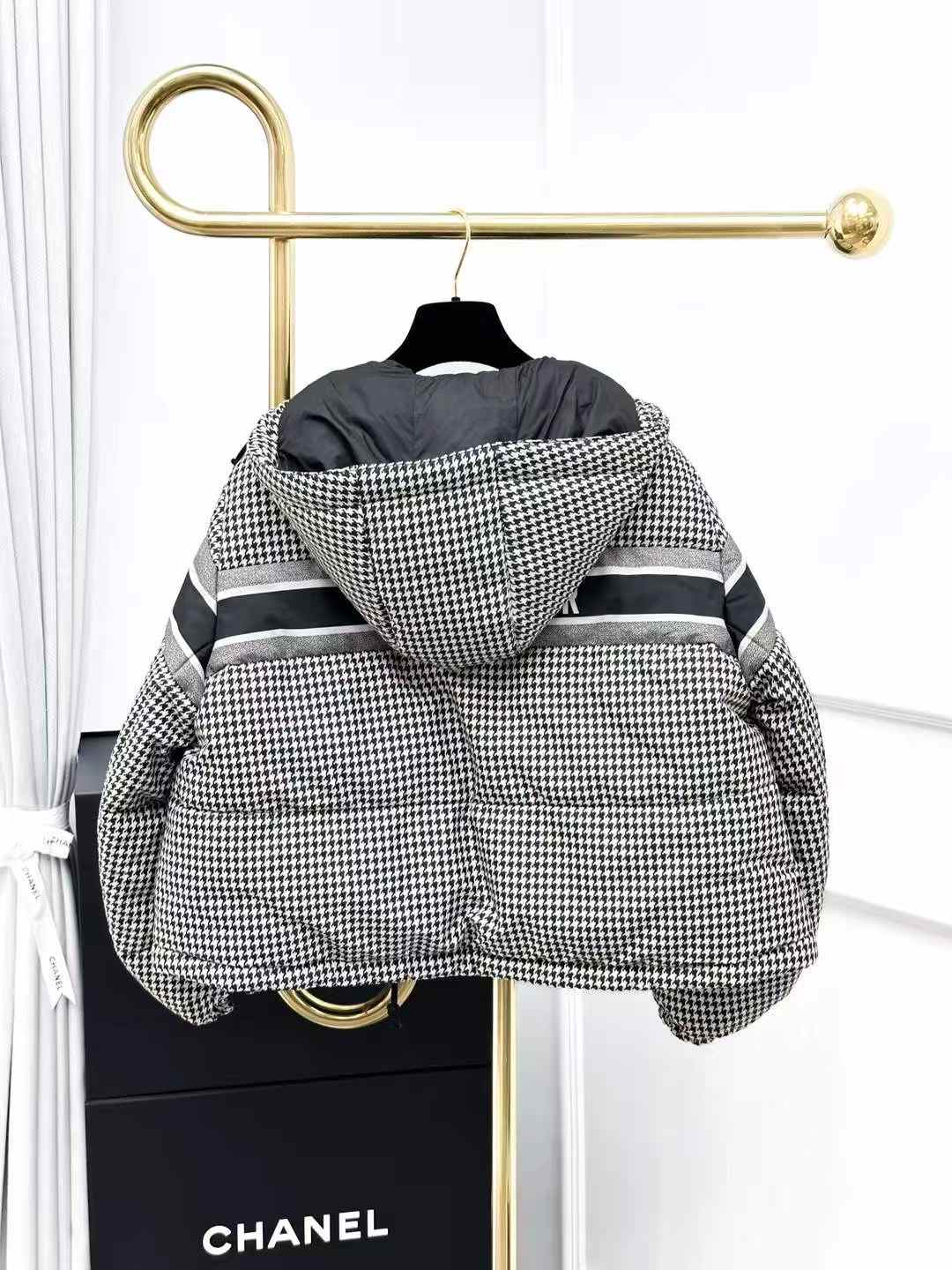 Dior Black and White Houndstooth Hooded Cotton Jacket