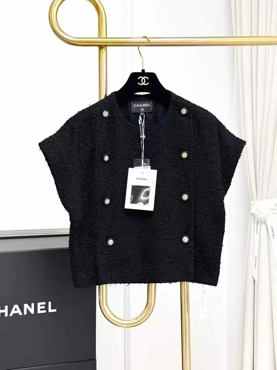 Chanel 21S Black Diamond Buckle Tweed Knit Double-Breasted Waistcoat
