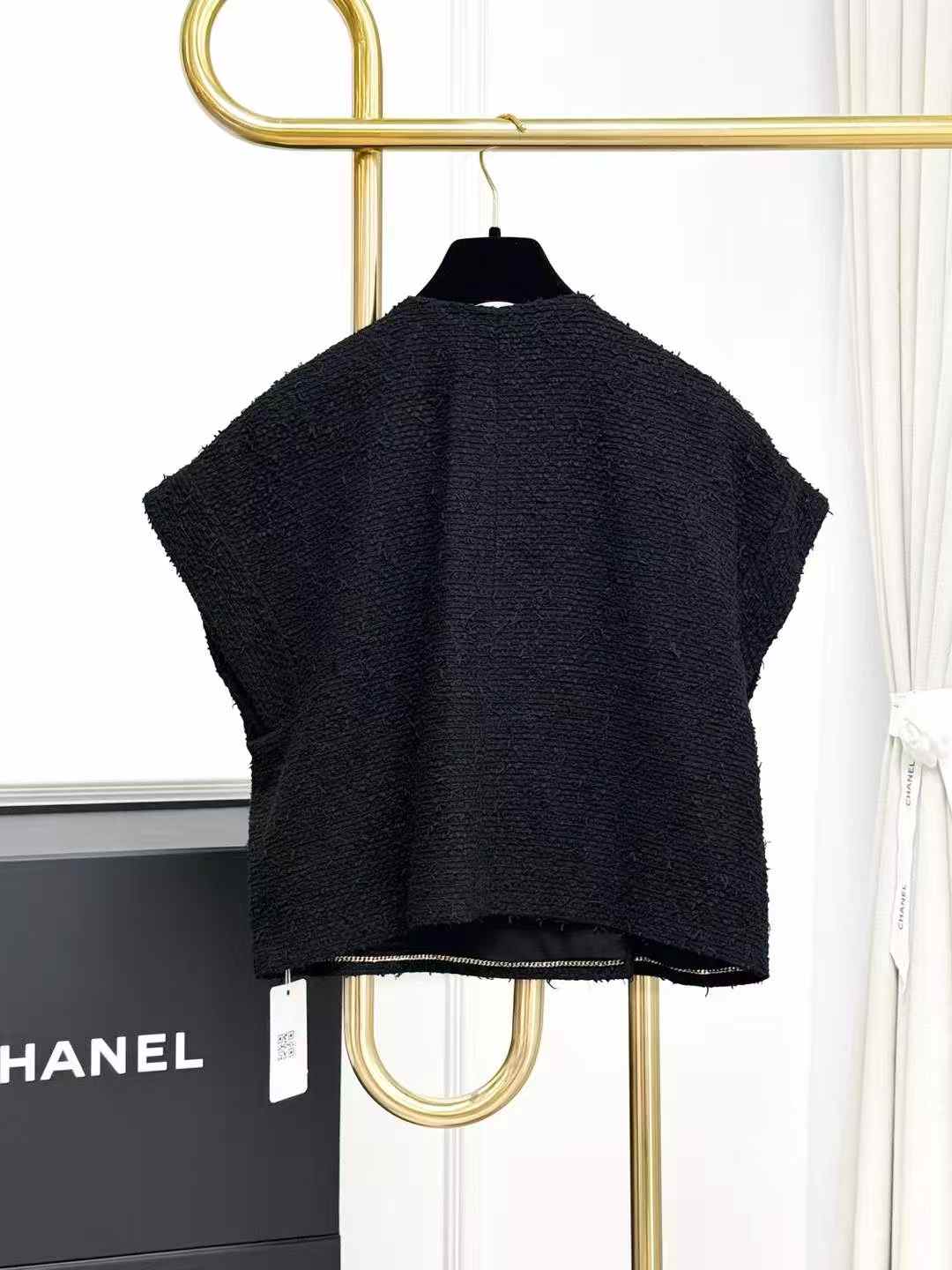 Chanel 21S Black Diamond Buckle Tweed Knit Double-Breasted Waistcoat