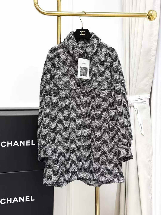Chanel 21P Black and Gray Wave Pattern Full-Sequin Long Coat