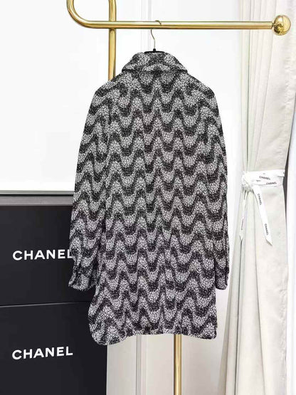Chanel 21P Black and Gray Wave Pattern Full-Sequin Long Coat