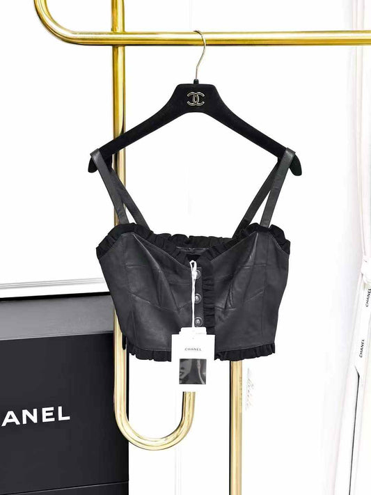 Chanel 22P Black Velvet-Trimmed Lambskin Strapless Dress