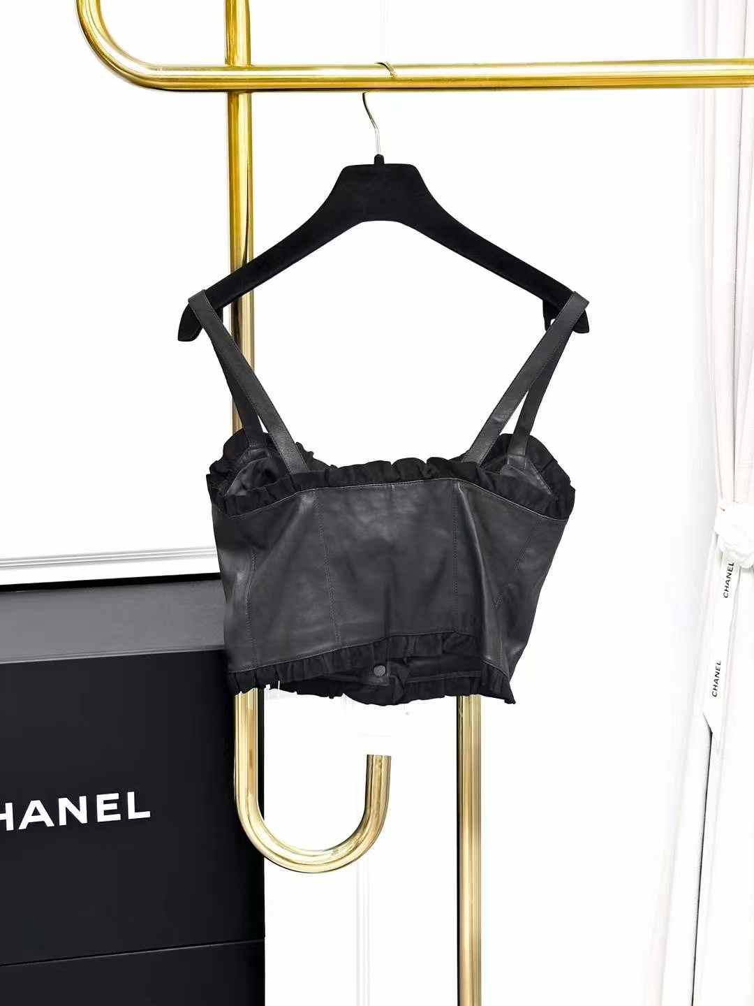 Chanel 22P Black Velvet-Trimmed Lambskin Strapless Dress