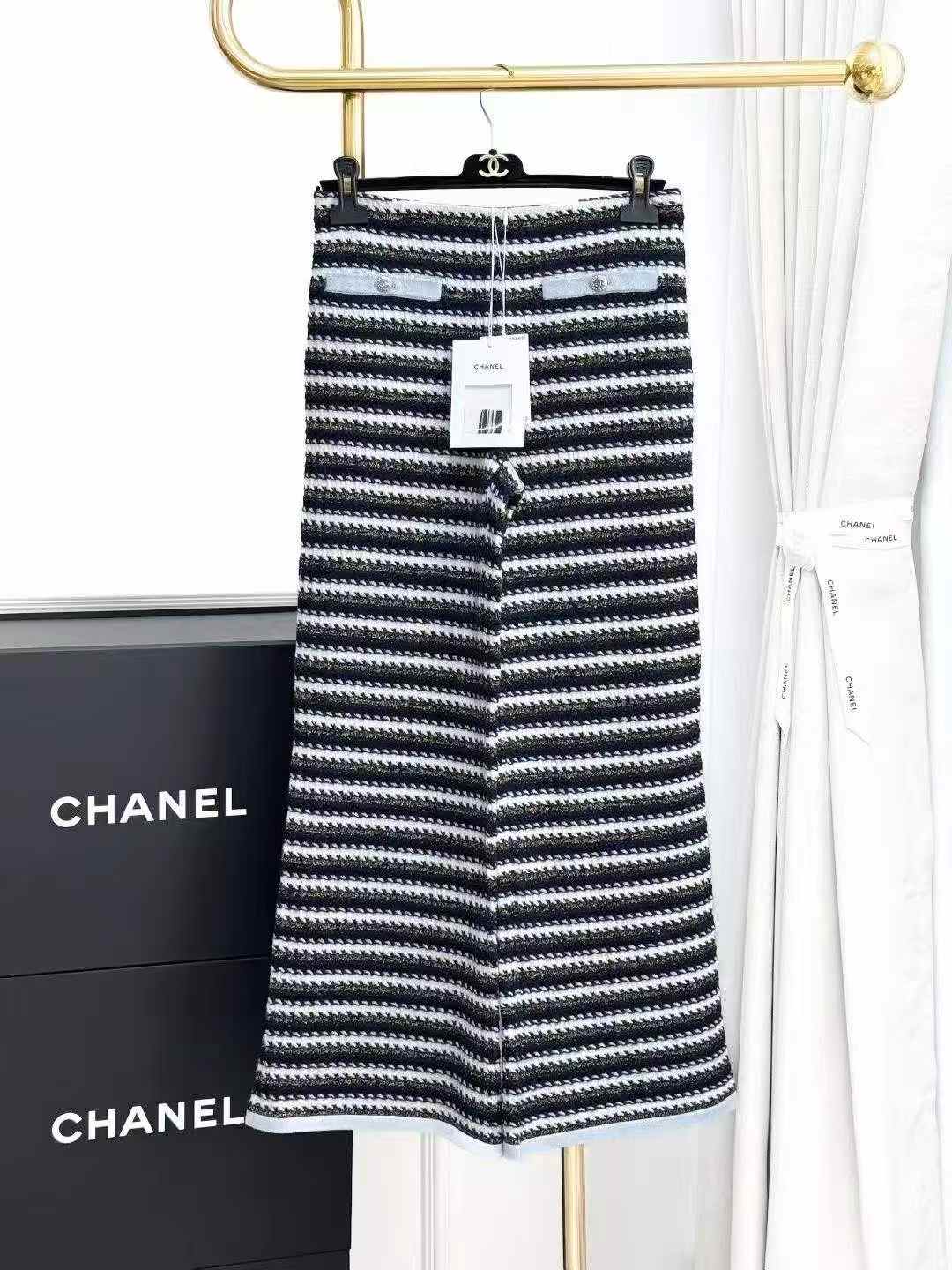 Chanel 22B Blue and White Gold Striped Knit Wide-Leg Pants