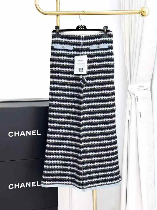 Chanel 22B Blue and White Gold Striped Knit Wide-Leg Pants