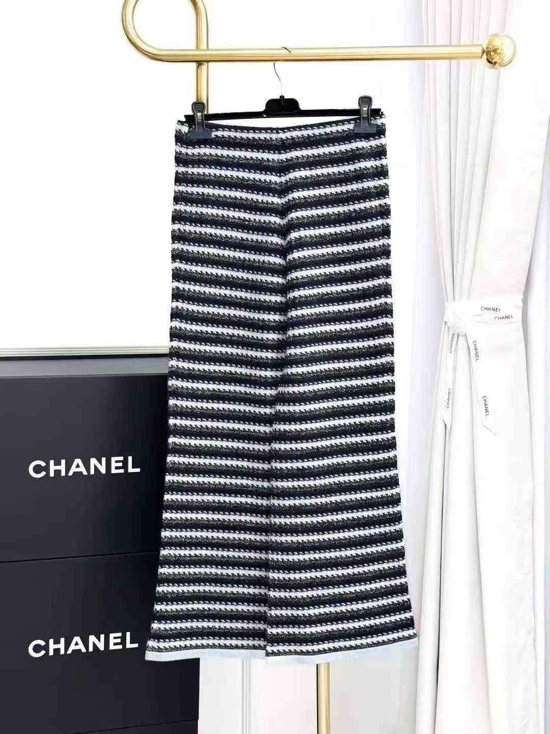 Chanel 22B Blue and White Gold Striped Knit Wide-Leg Pants