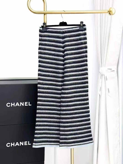 Chanel 22B Blue and White Gold Striped Knit Wide-Leg Pants