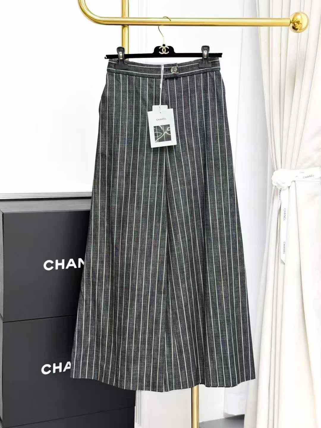 Chanel 23A Black and White Striped Wide-Leg Pants