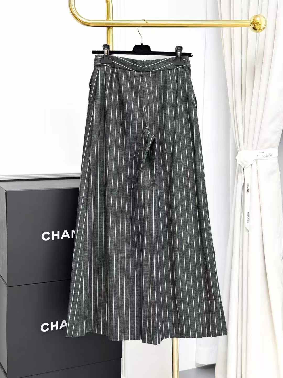 Chanel 23A Black and White Striped Wide-Leg Pants