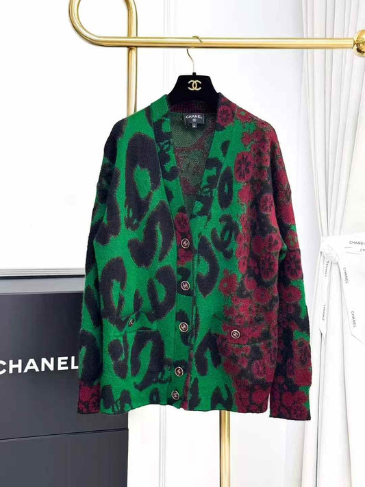 Chanel 23A Green and Burgundy Leopard Print Long-Sleeve Cardigan