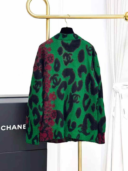 Chanel 23A Green and Burgundy Leopard Print Long-Sleeve Cardigan