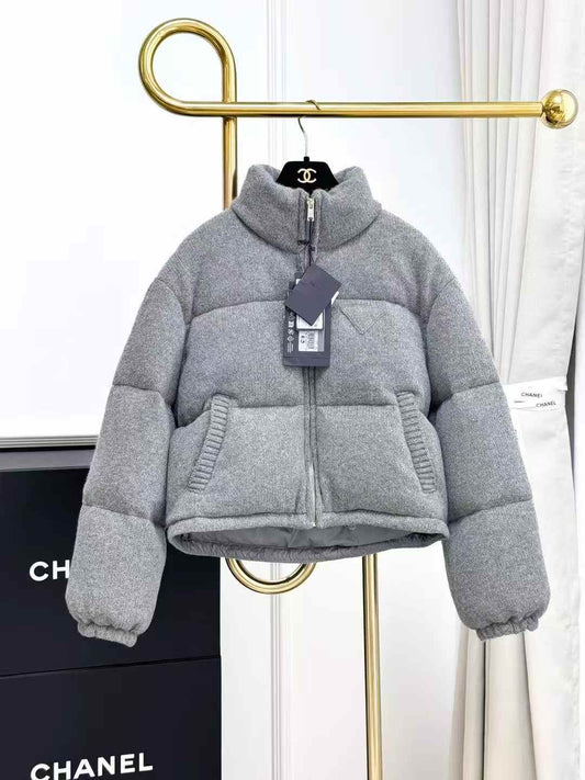 Prada Gray Triangle Logo Knit Down Jacket