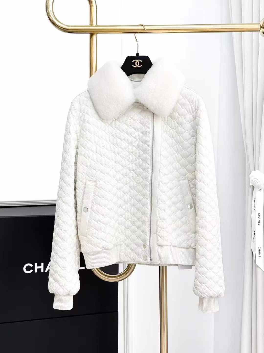 Hermes Cream-Colored Diamond-Quilted Deer Leather Coat with Wool Collar