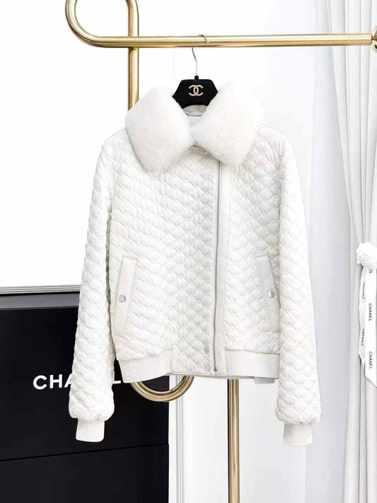 Hermes Cream-Colored Diamond-Quilted Deer Leather Coat with Wool Collar