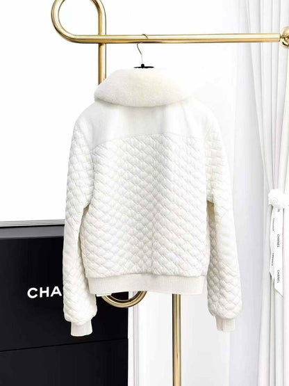 Hermes Cream-Colored Diamond-Quilted Deer Leather Coat with Wool Collar