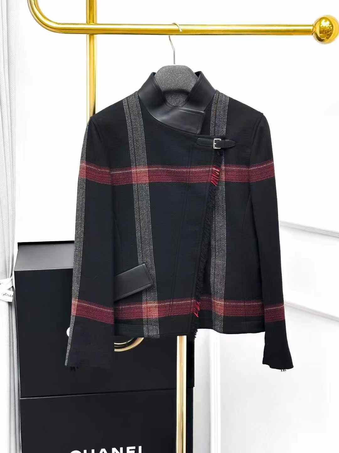 Hermes Black Checkered Wool and Leather Short Jacket, Rider Jacket