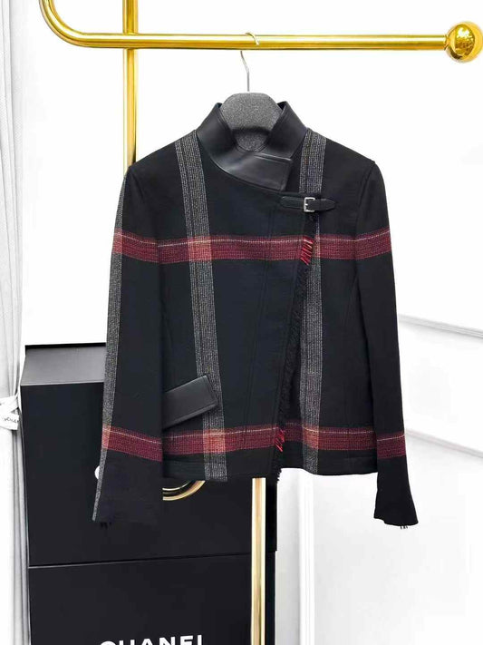 Hermes Black Checkered Wool and Leather Short Jacket, Rider Jacket