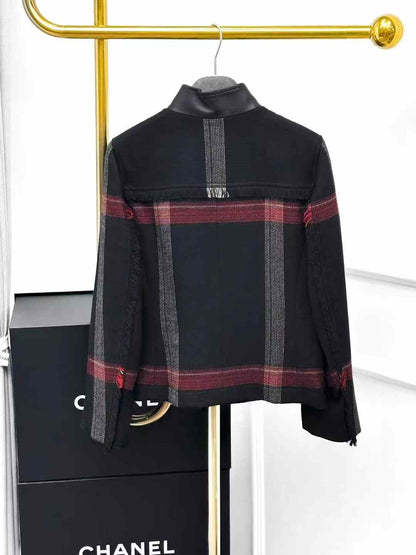 Hermes Black Checkered Wool and Leather Short Jacket, Rider Jacket