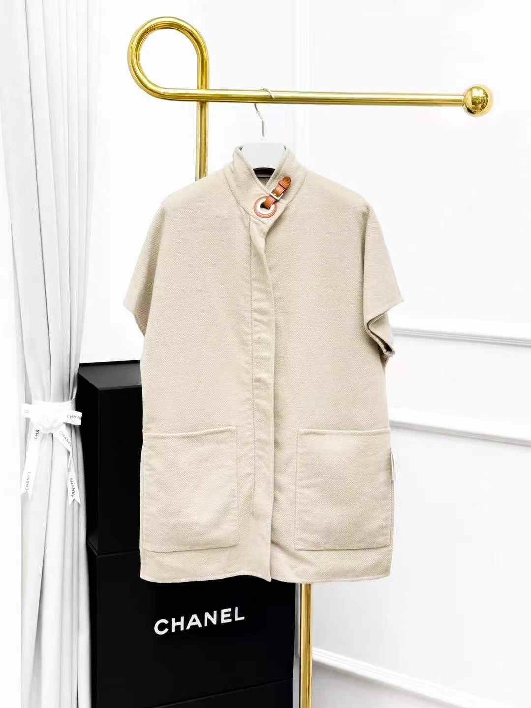 Hermes Beige Collared Cashmere Cape Vest, Outerwear