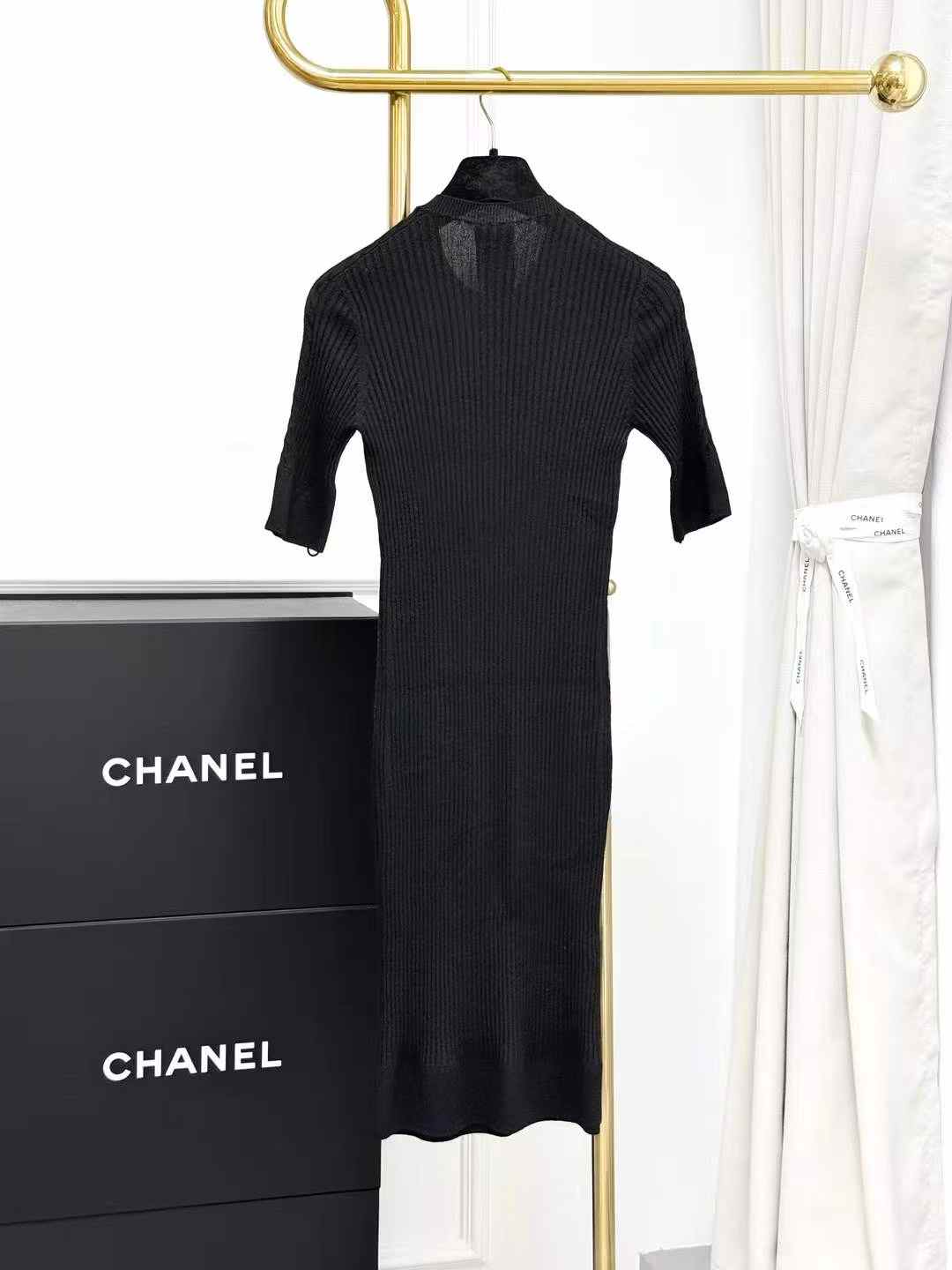 Chanel 22K Black Vertical Stripe Knit Short-Sleeve Dress
