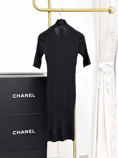 Chanel 22K Black Vertical Stripe Knit Short-Sleeve Dress