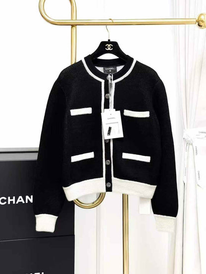 Chanel 21B Fall/Winter Preview: Black Cream Knit Jacket with White Trim