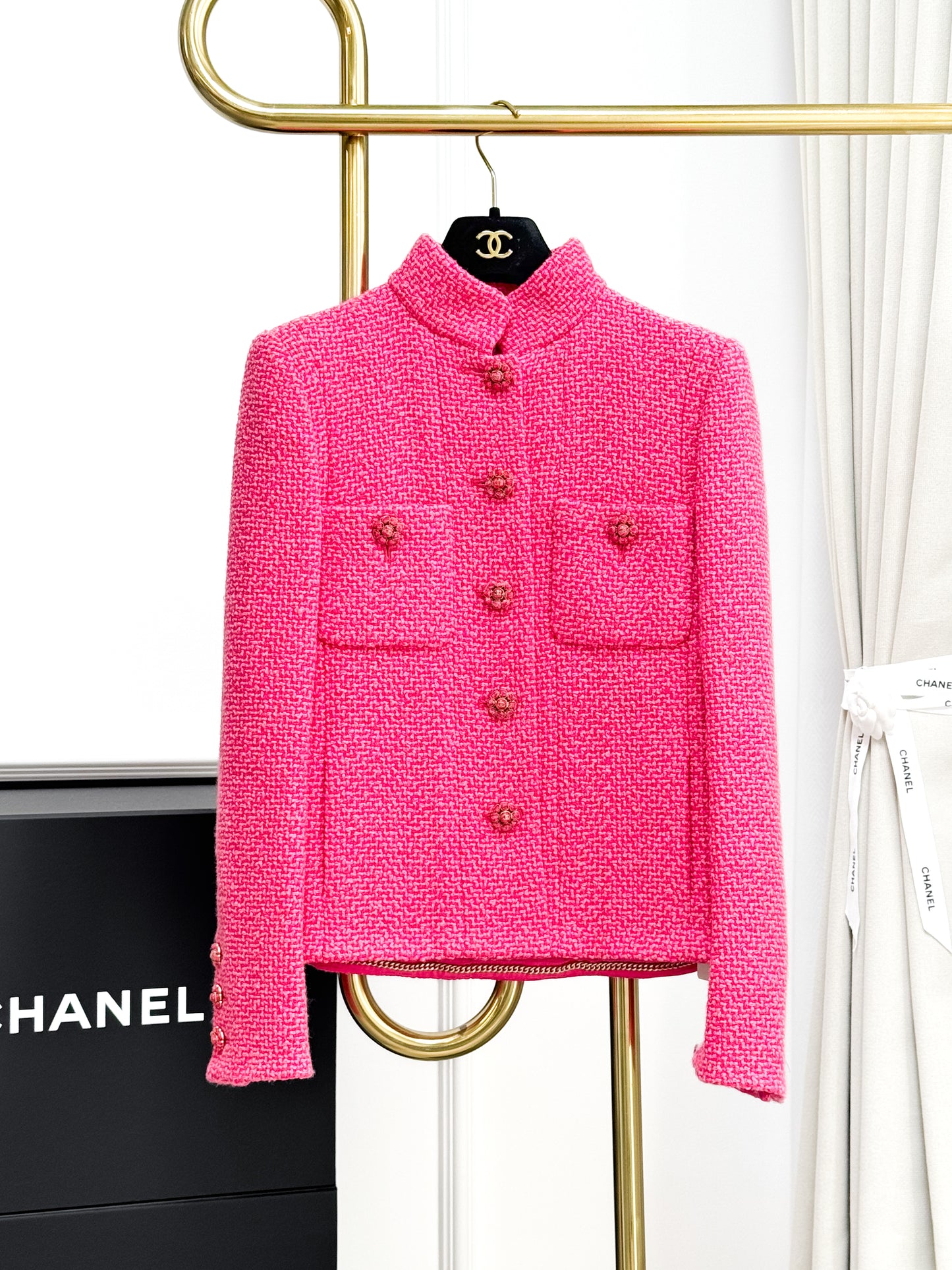 Chanel 22K Stand Collar Rose Pink Knit Jacket