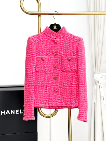 Chanel 22K Stand Collar Rose Pink Knit Jacket