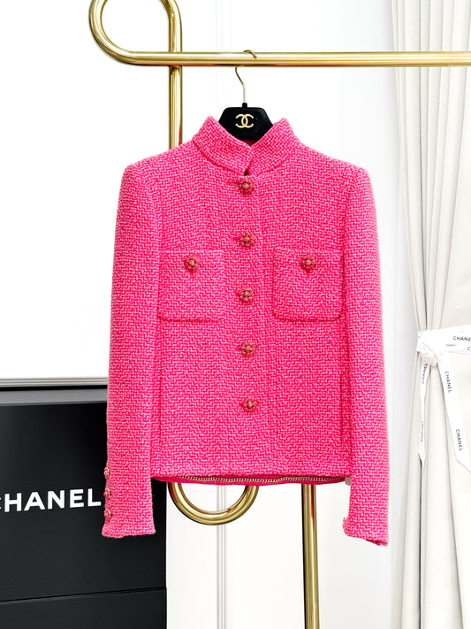 Chanel 22K Stand Collar Rose Pink Knit Jacket